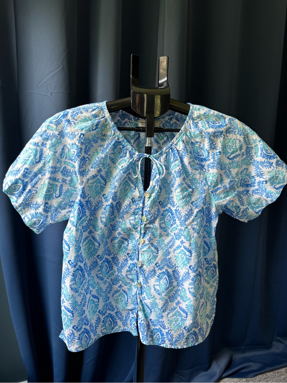 Escape by Habitat Clothes Sz Small Turquoise Blue White Damask Short Sleeve Top